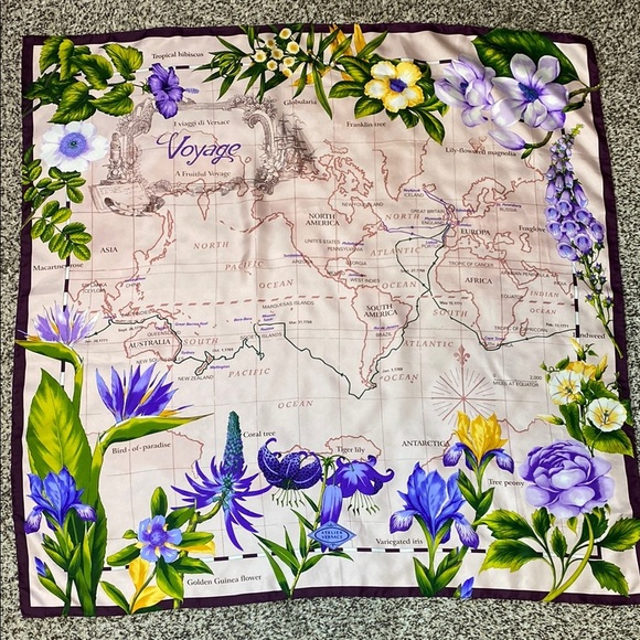 VNTG Atelier Versace Voyage Floral Map Scarf - Purple, Green, Yellow & pink - Picture 1 of 9